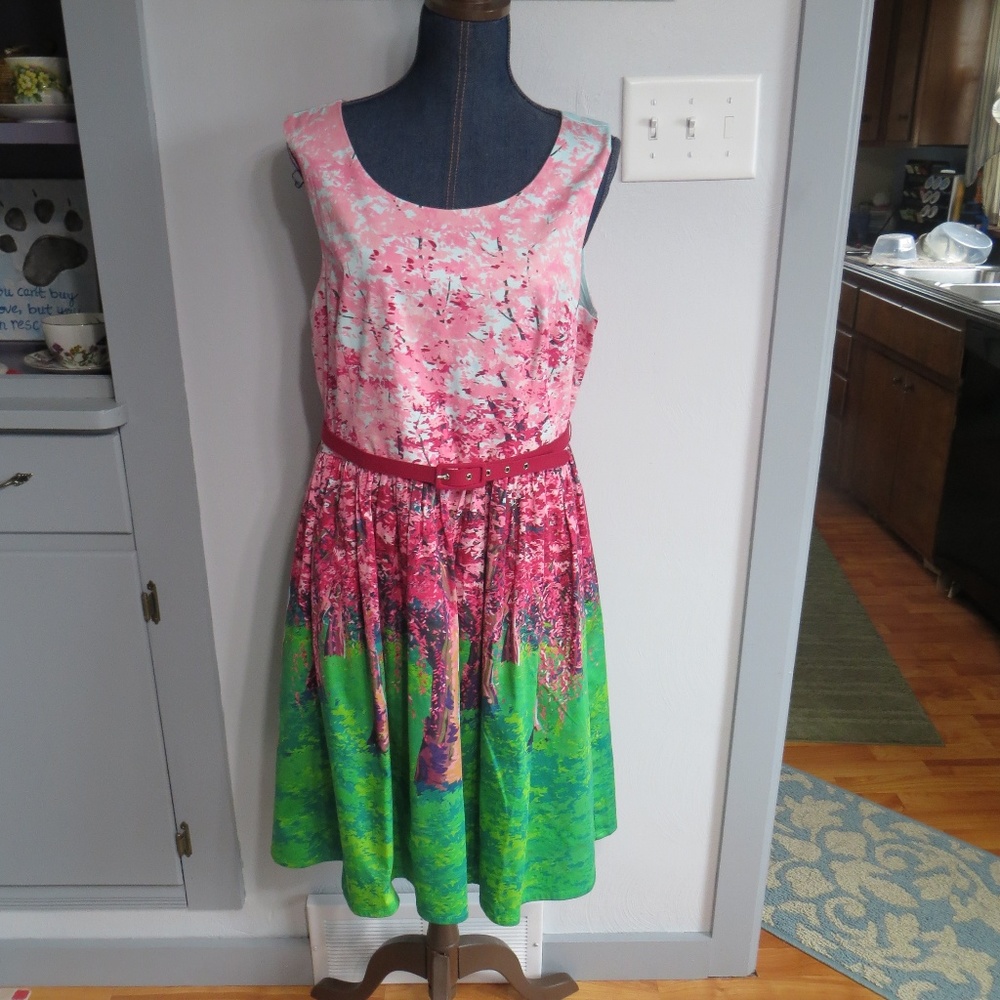 ModCloth Pink, Green Floral Fit-and-Flare Dress